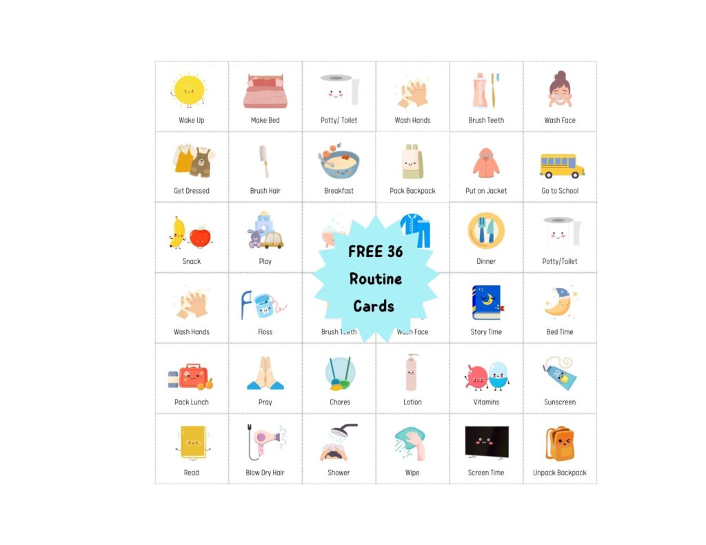 Free 36 routine cards available for morning and evening routine charts