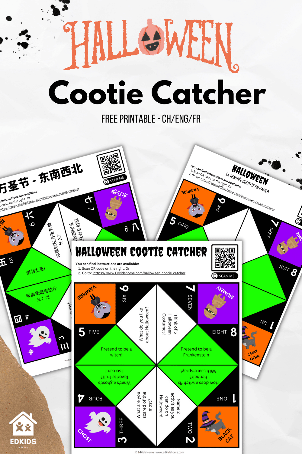 Halloween Cootie Catcher - Free printable - Chinese, English, French 