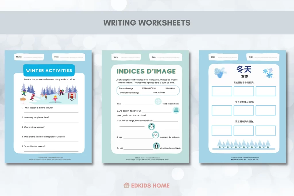 Free Winter Writing Worksheets (Chinese, French, English)