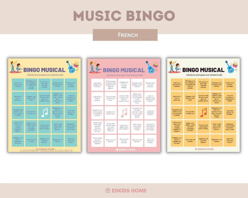 Music Bingo Printable - French - 3 Different Designs  | 13 Tips for Motivate Child to Practice Musical Instruments