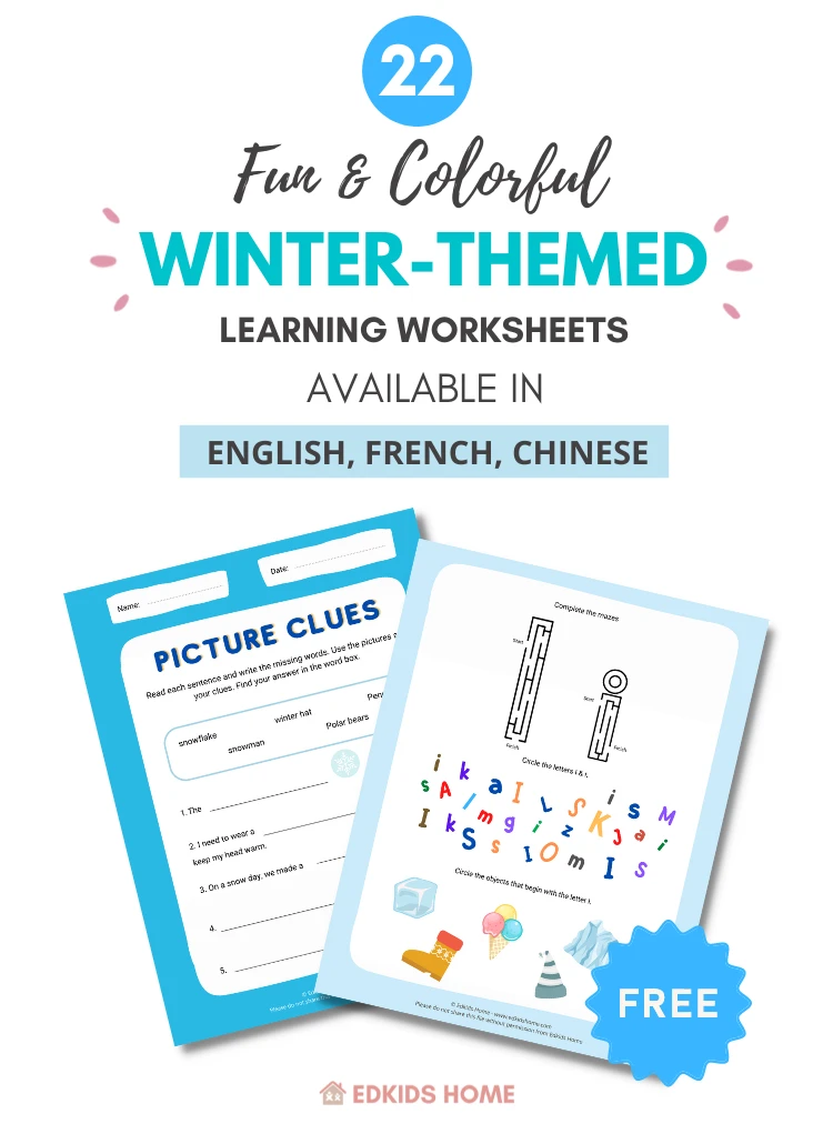 22 Fun & Colorful Winter-Themed Learning Worksheets Availlable in English, French, Chinese