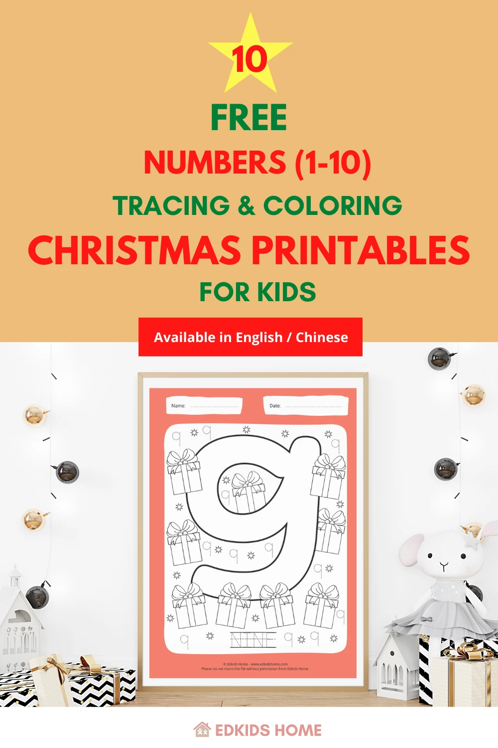 10 Free Numbers (1-10) Tracing & Coloring Christmas Worksheets for Kids (English / Chinese)