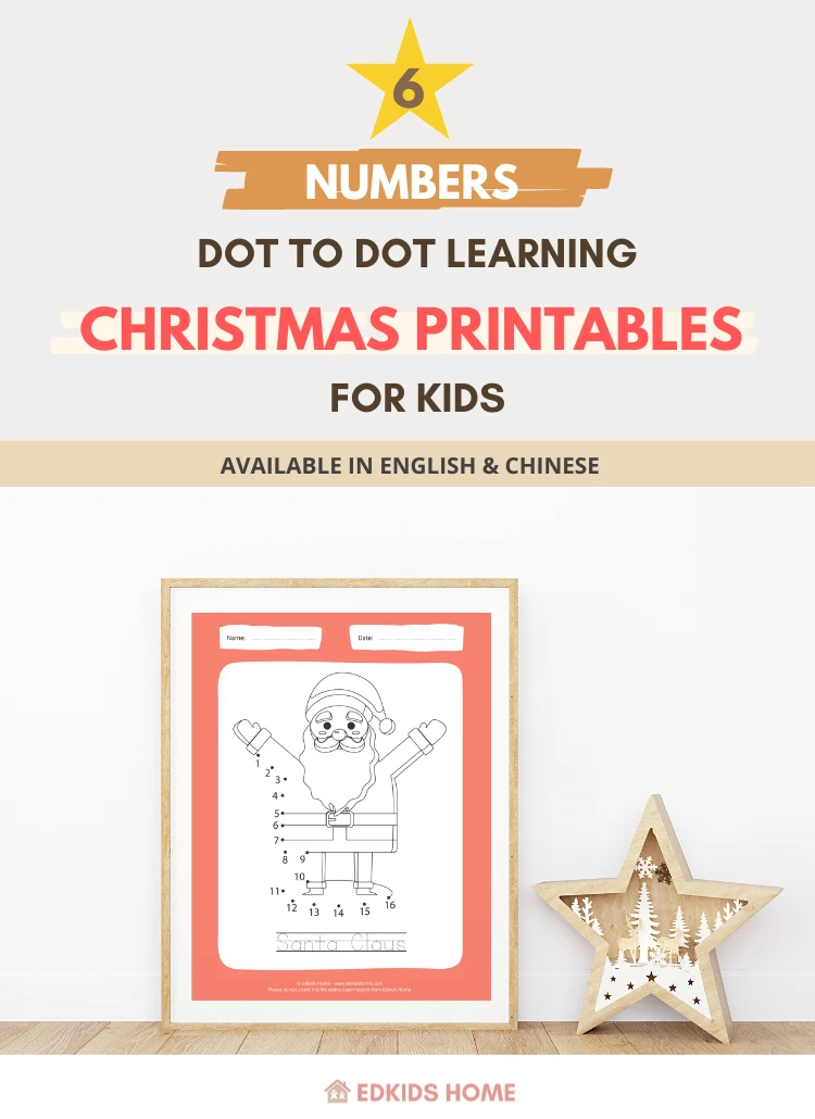 6 Numbers dot to dot learning Christmas printables for kids (Chinese & English)
