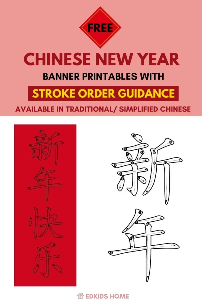 Free Chinese New Year banner printables with stroke order guidance - available in Traditional/ Simplified Chinese
