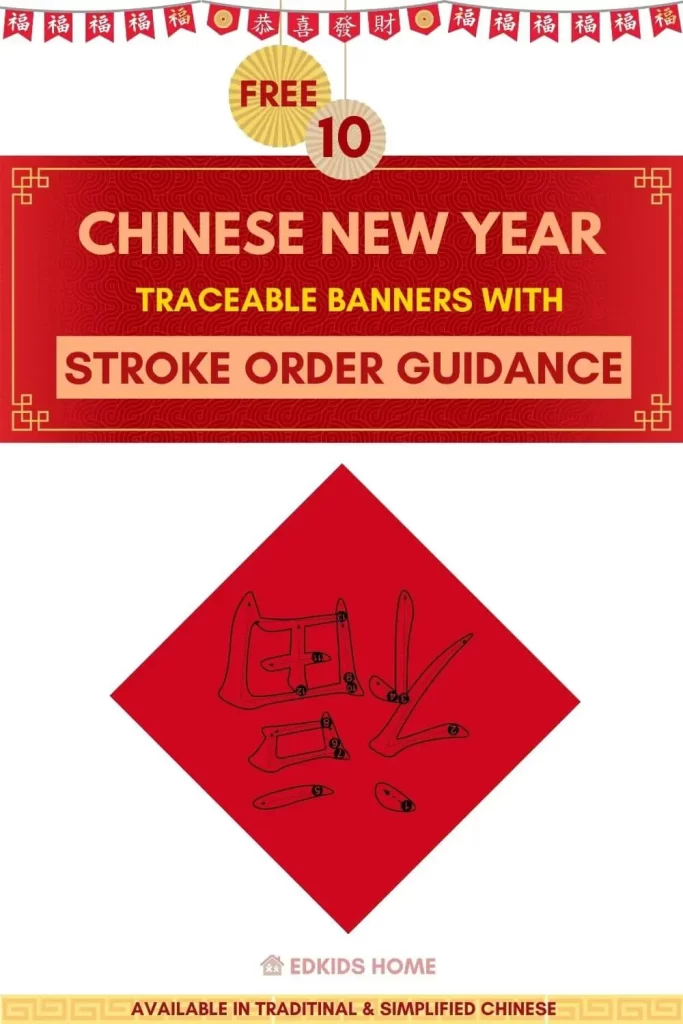 Chinese New year banners with stroke order guidance