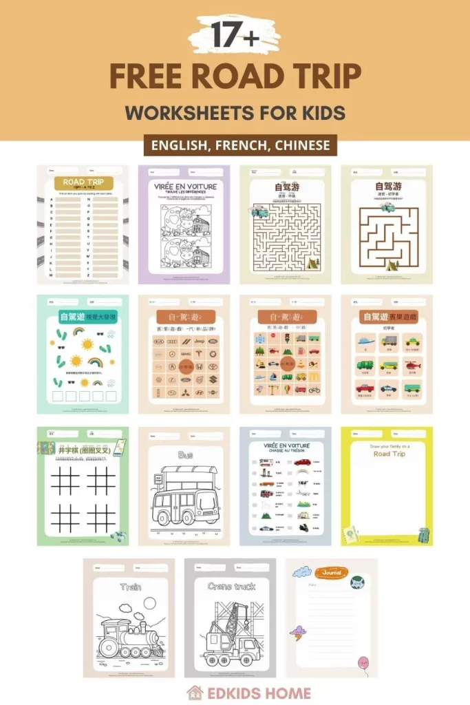 Free Road trip worksheets for kids - chinese, english, french