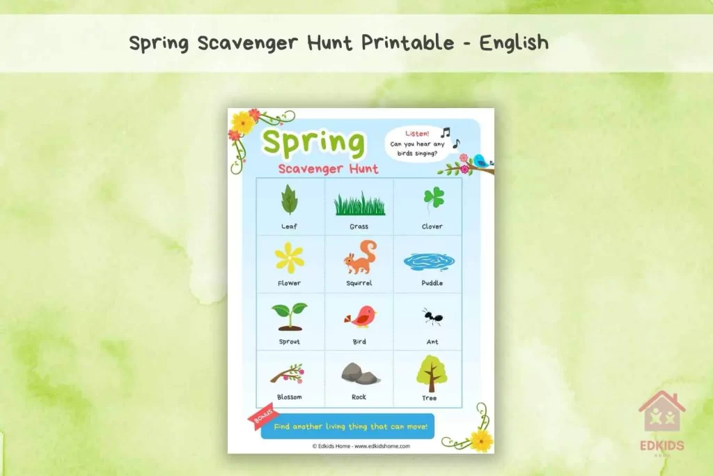 Free Spring scavenger hunt printable in pdf format | Available in English
