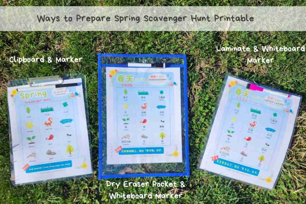 Free Spring scavenger hunt printable in pdf format | Available in English & Bilingual Chinese | different methods of preparing