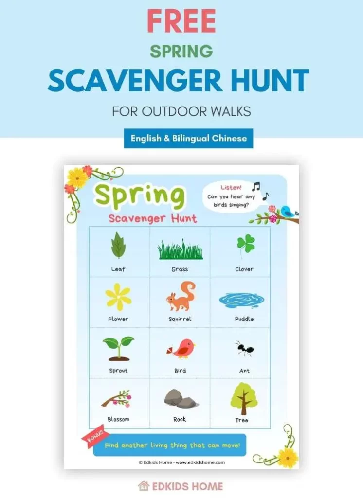 Free Spring outdoor nature scavenger hunt printable in pdf format | Available in English & Bilingual Chinese