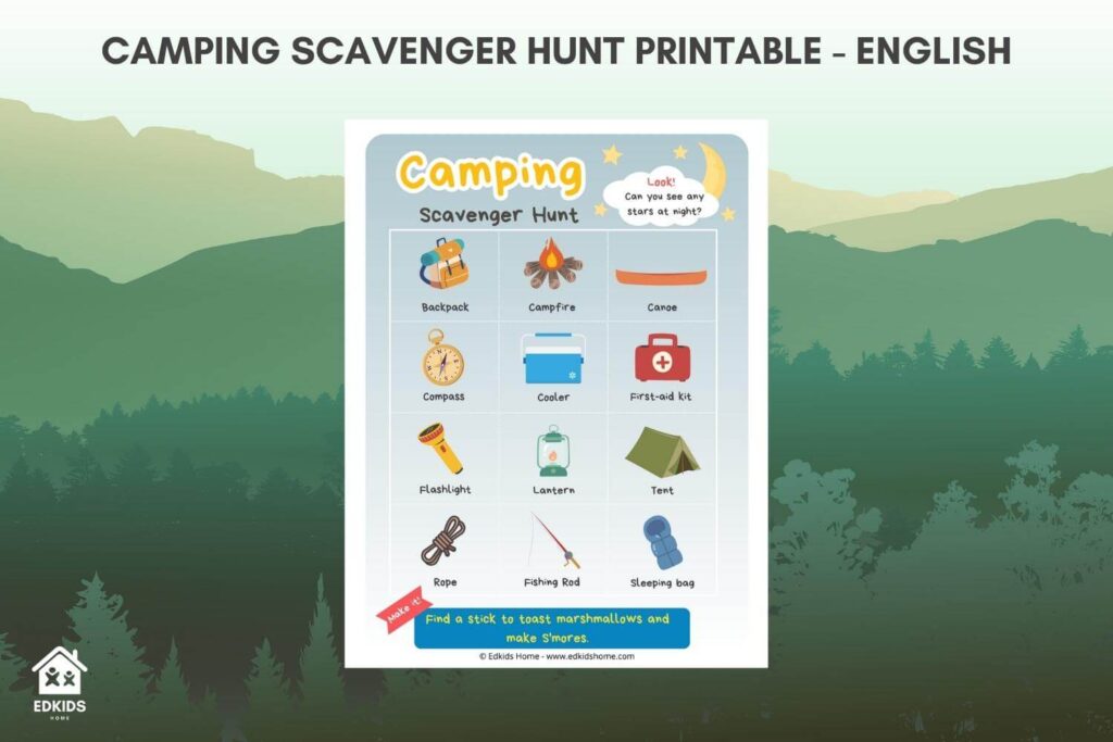 camping scavenger hunt printable activity for kids - English