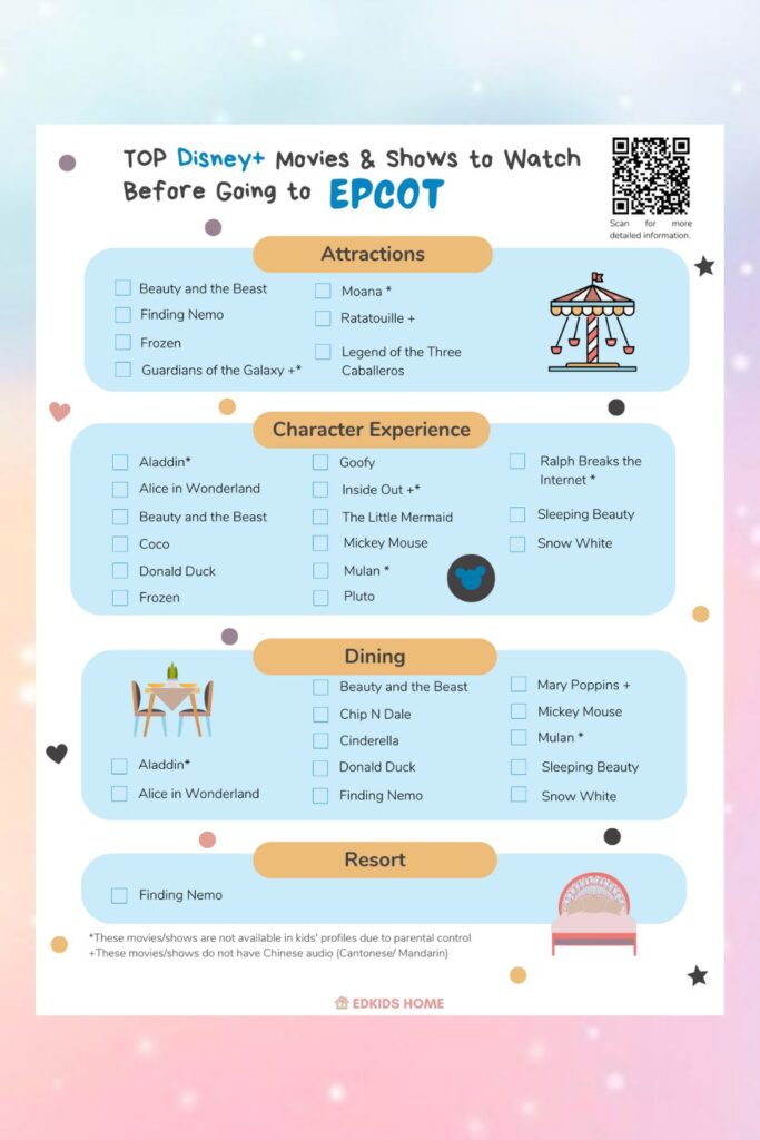 Disney world - Epcot - to watch movies & shows list printable