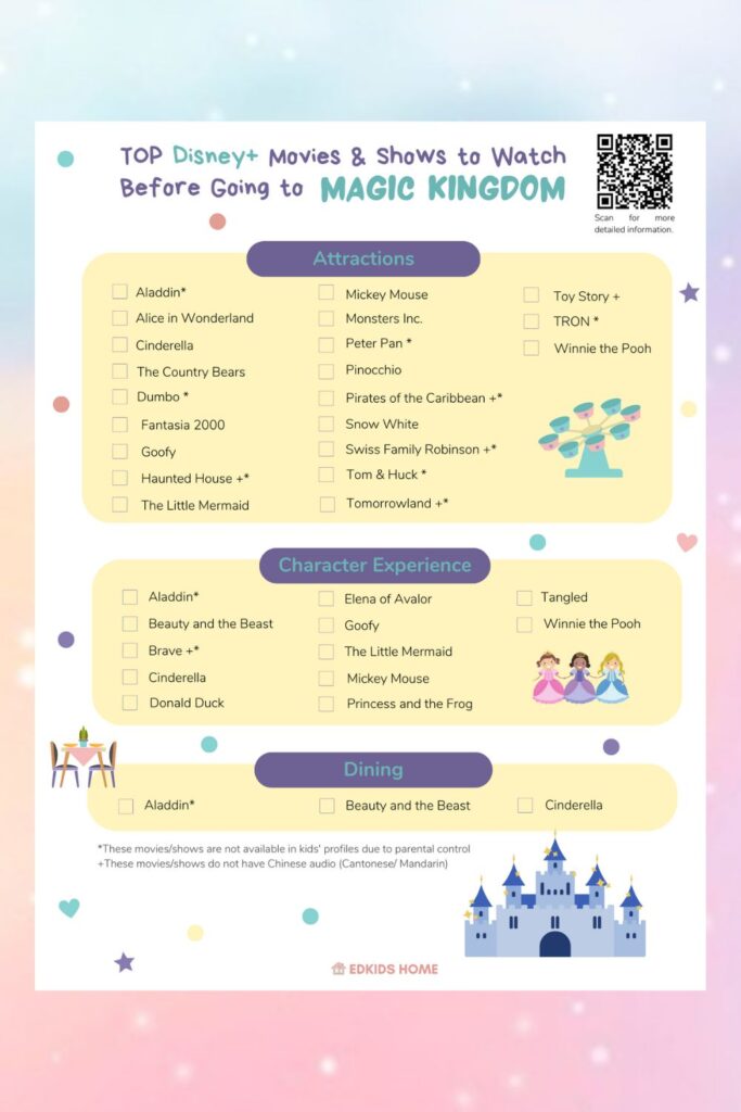 Disney world magic kingdom - to watch movies & shows list planning printables (free)
