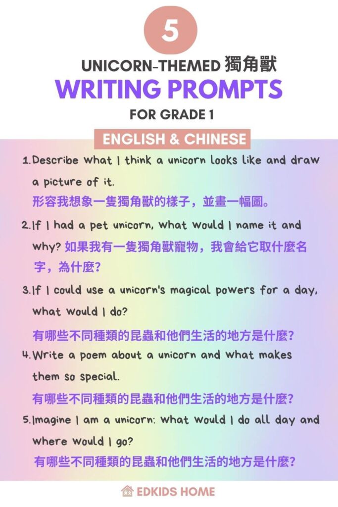 5 Unicorn-themed writing prompts for grade 1 - English & Chinese