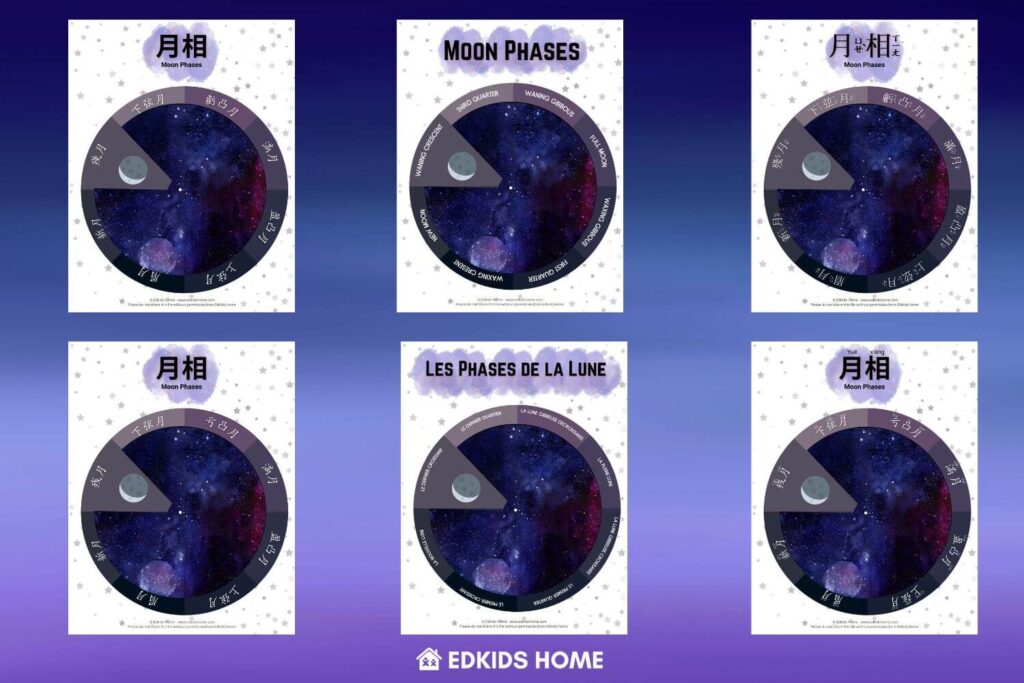 Moon phases printable - available in English, French, Chinese (Traditional, Simplified, Zhuyin, Pinyin)