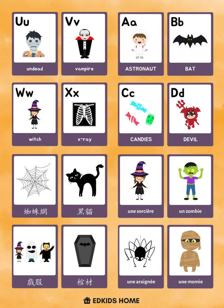 halloween flashcards available in English, French, and Chinese